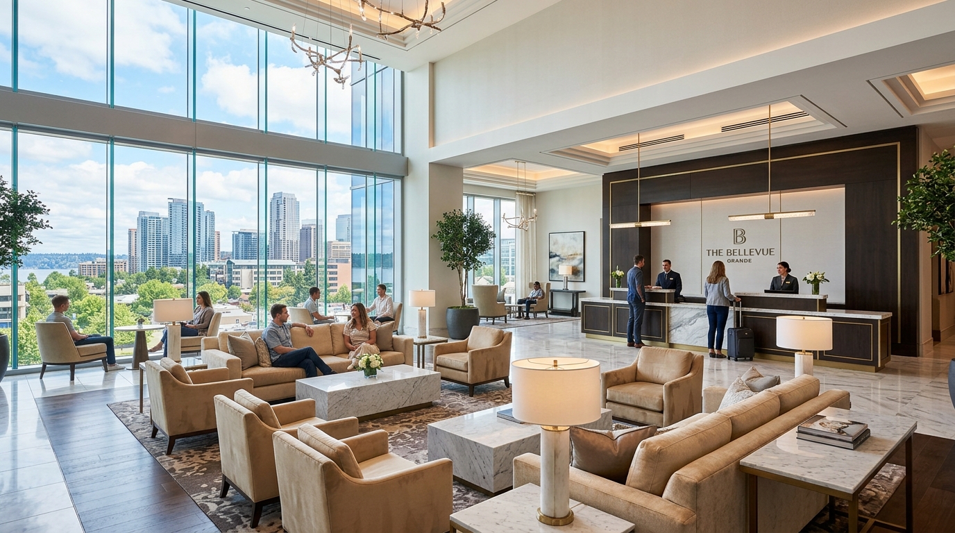 Hotel lobby lounge furniture with commercial-grade upholstery and reinforced frames in a Hartford property