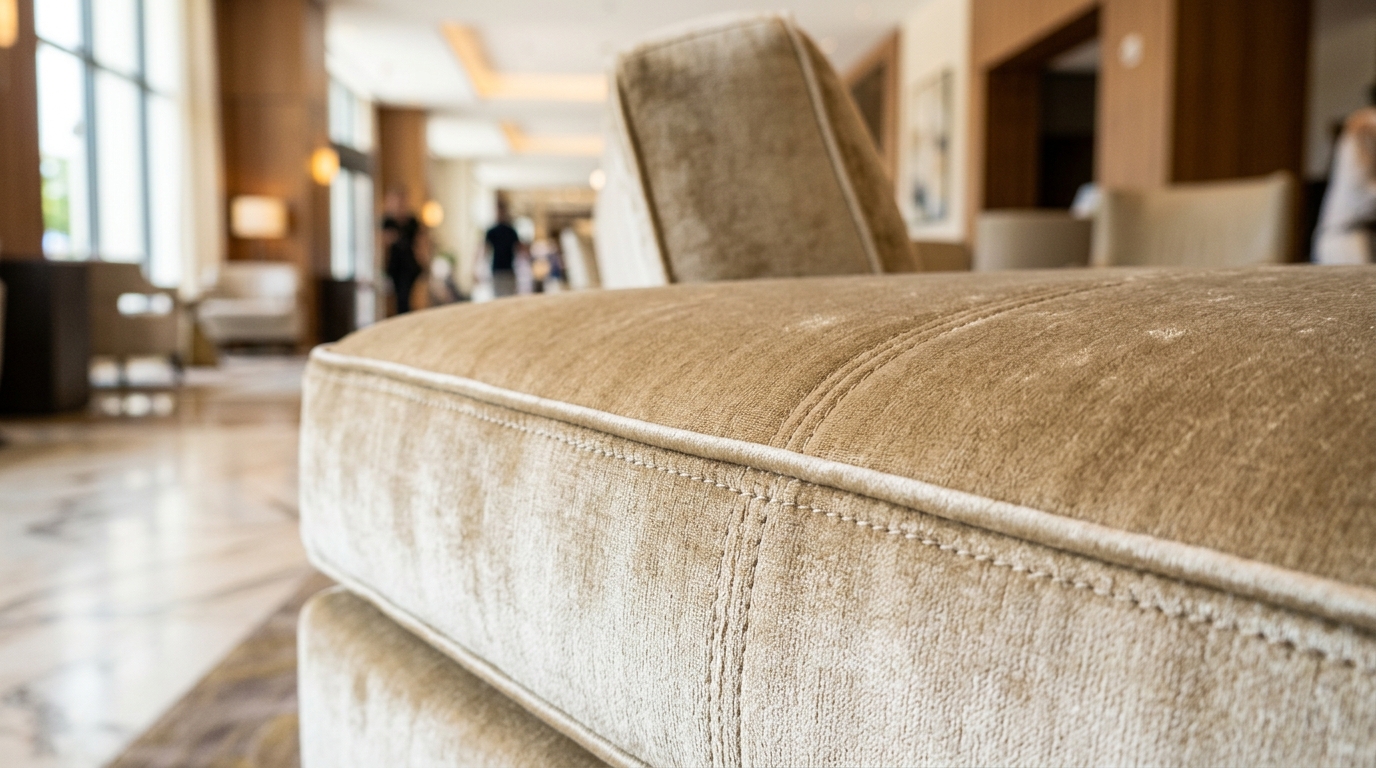 Contract-grade lounge seating cluster in a downtown Hartford hotel lobby showing high-resilience foam and commercial-rated upholstery built for daily corporate business travel