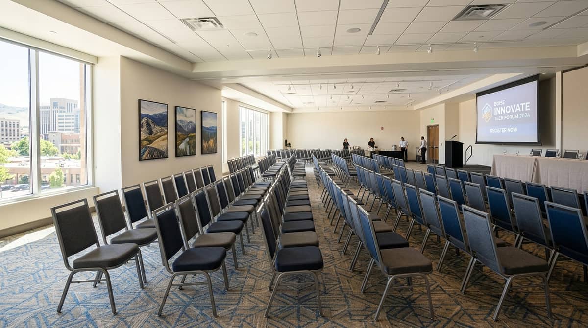 Sioux Falls banquet venue showing stackable contract chairs on dolly cart ready for high-volume event room setup and reset