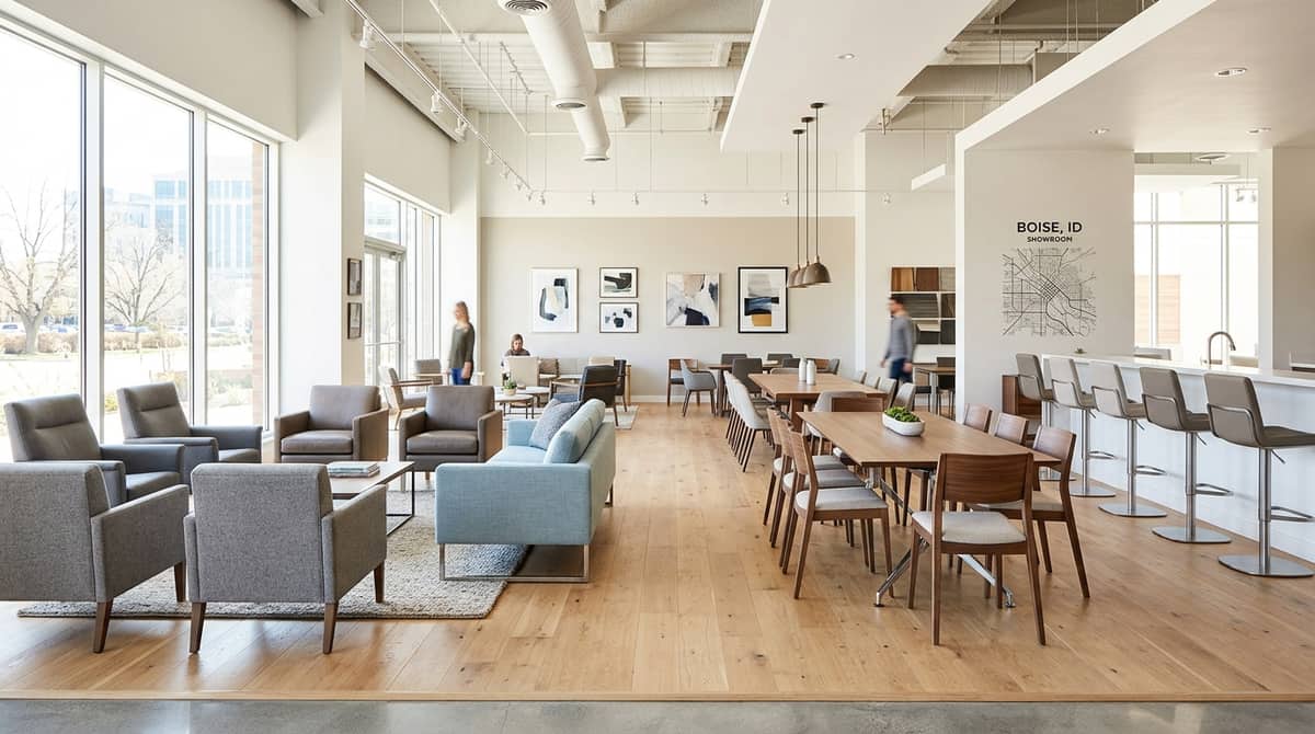 Commercial dining chairs and tables arranged in a hospitality interior, the type of contract-grade seating an Oklahoma City hotel or restaurant needs to withstand daily service