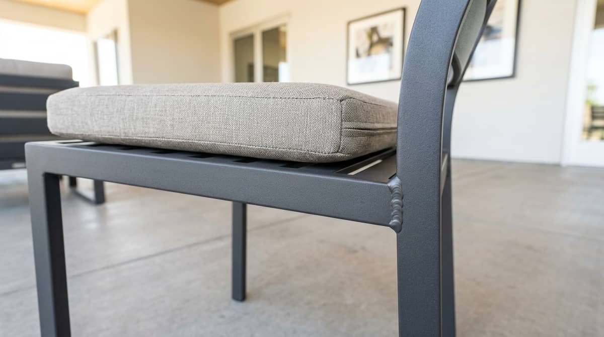 Hartford riverfront patio furniture showing matte charcoal powder-coat aluminum dining chairs suited to a Connecticut Convention Center hotel terrace
