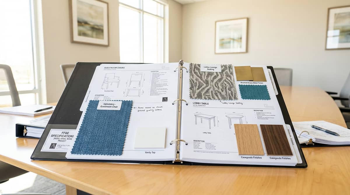 FF&E scope documentation for Hartford hotel project showing furniture fixtures and equipment categories organized by area