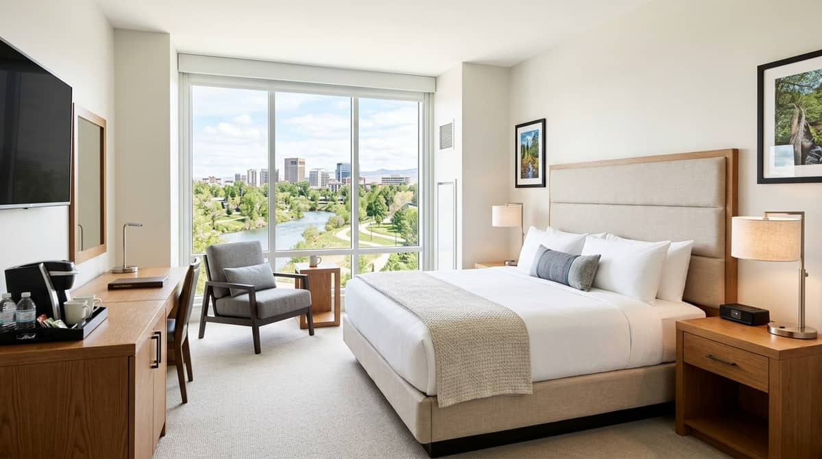 Hotel furniture in downtown Oklahoma City convention corridor property showing contract-grade casegoods and upholstered seating