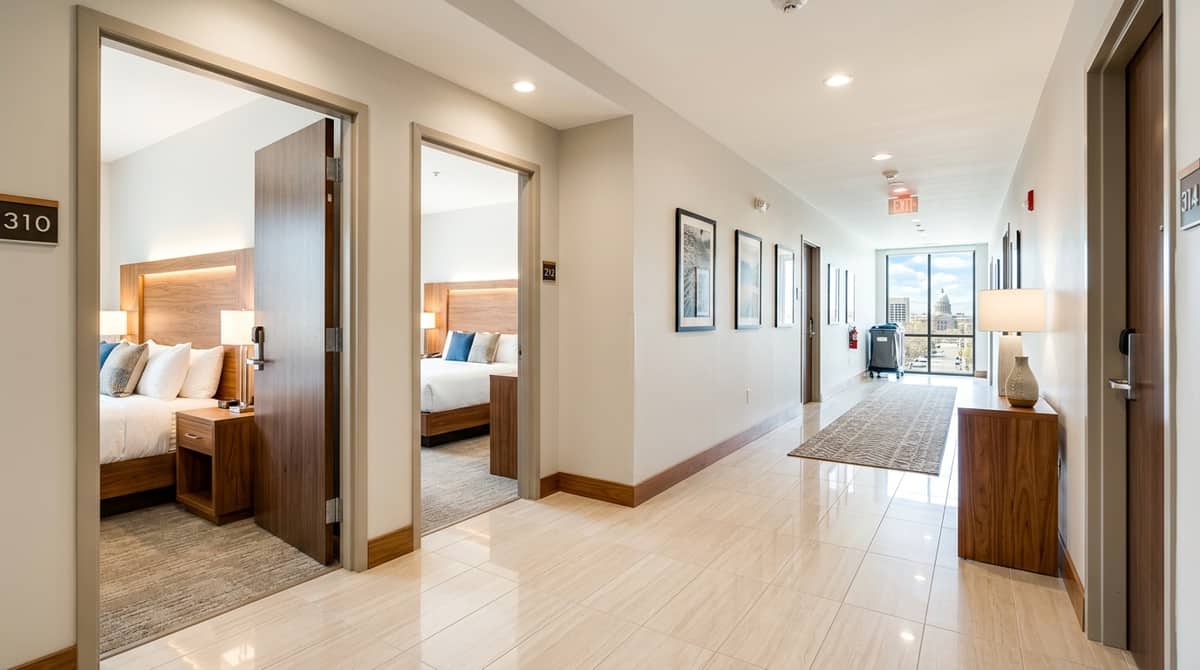 Contract-grade hotel guestroom furniture with reinforced frame construction and commercial upholstery in Oklahoma City property