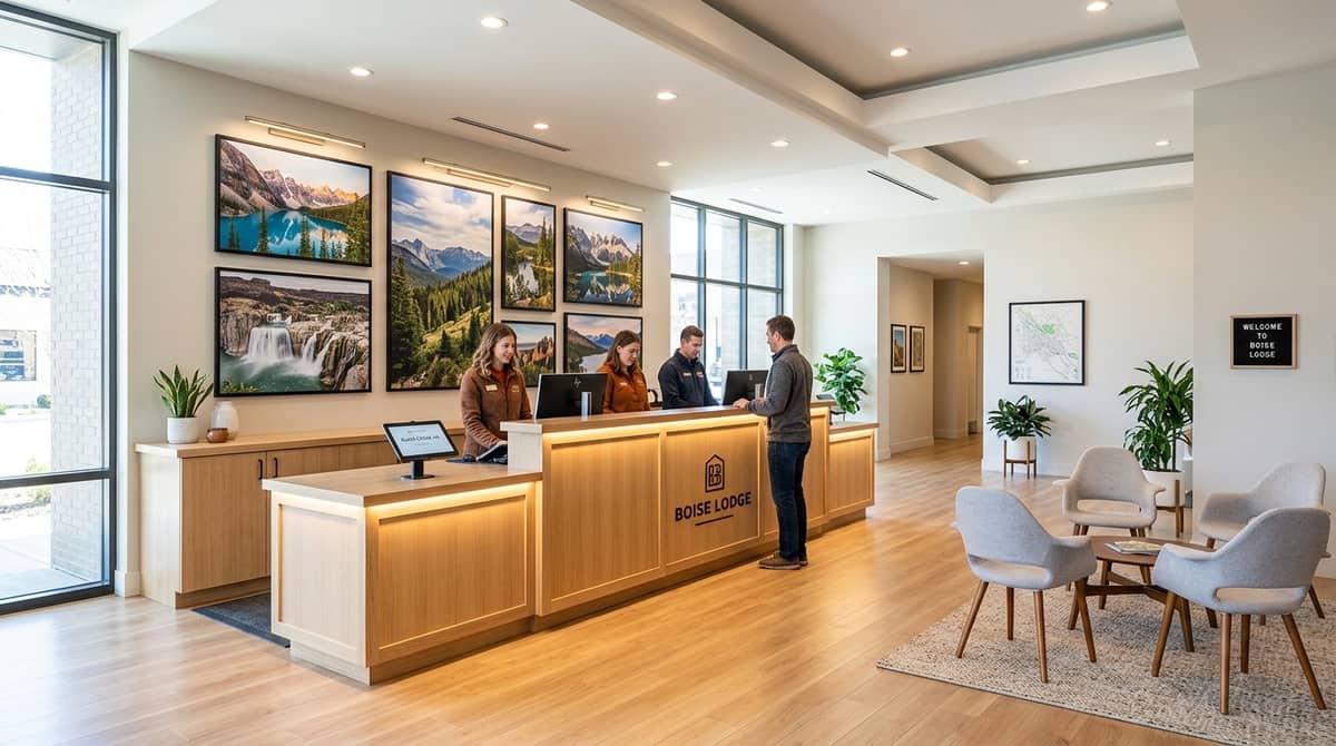 Burlington hotel lobby furniture showing contract-grade lounge seating cluster with high-resilience foam and commercial-rated upholstery for high-volume guest traffic