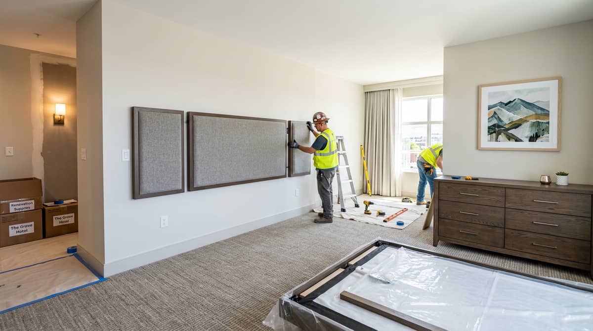 Hotel renovation furniture delivery staged by floor in occupied Burlington property showing phased FF&E procurement coordination