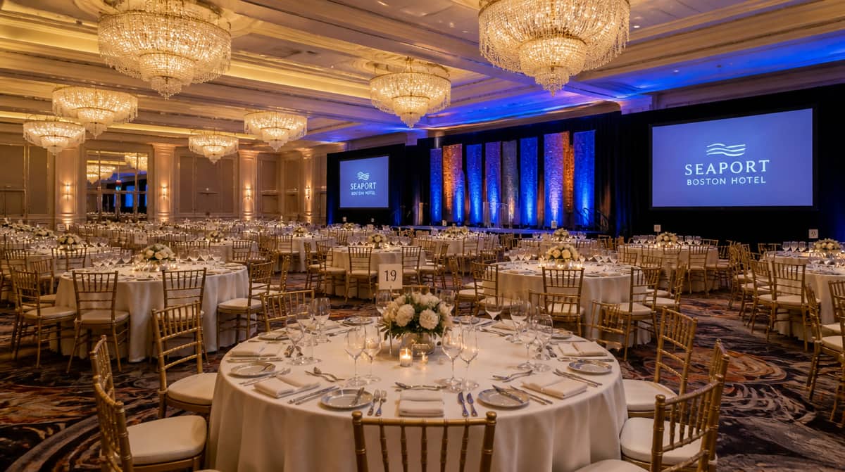 Boston event space set with clear chairs and banquet tables