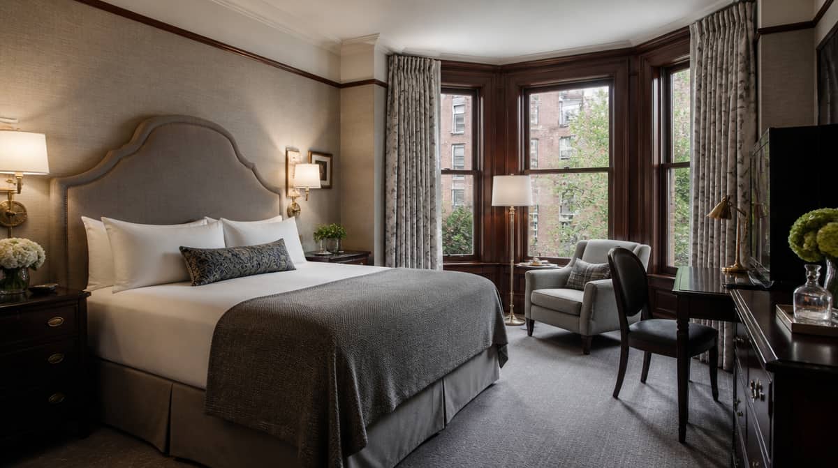Boutique hotel furniture in a Portland, Maine Old Port property showing contract-grade lounge seating against exposed brick and timber architecture