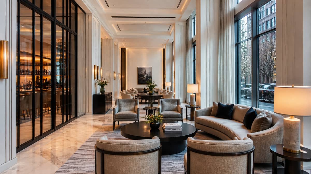 Portland, Maine hotel lobby lounge seating cluster with high-resilience foam and commercial-rated upholstery built for heavy cruise-season and conference traffic