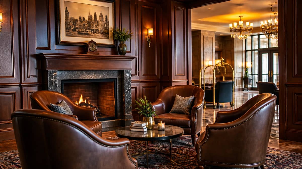 Portland, Maine hotel lobby chair with moisture-resistant performance upholstery and solid hardwood frame built for a coastal Maine winter climate