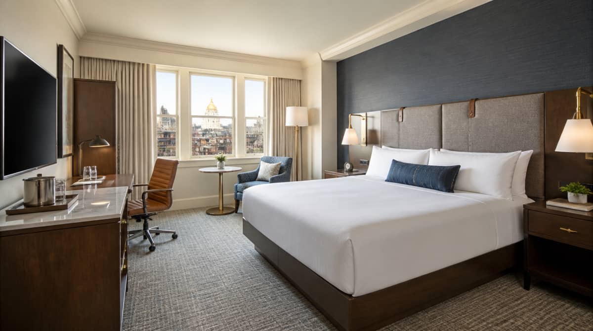 Hotel renovation furniture staged by floor in an occupied Portland, Maine property during a phased FF&E rollout