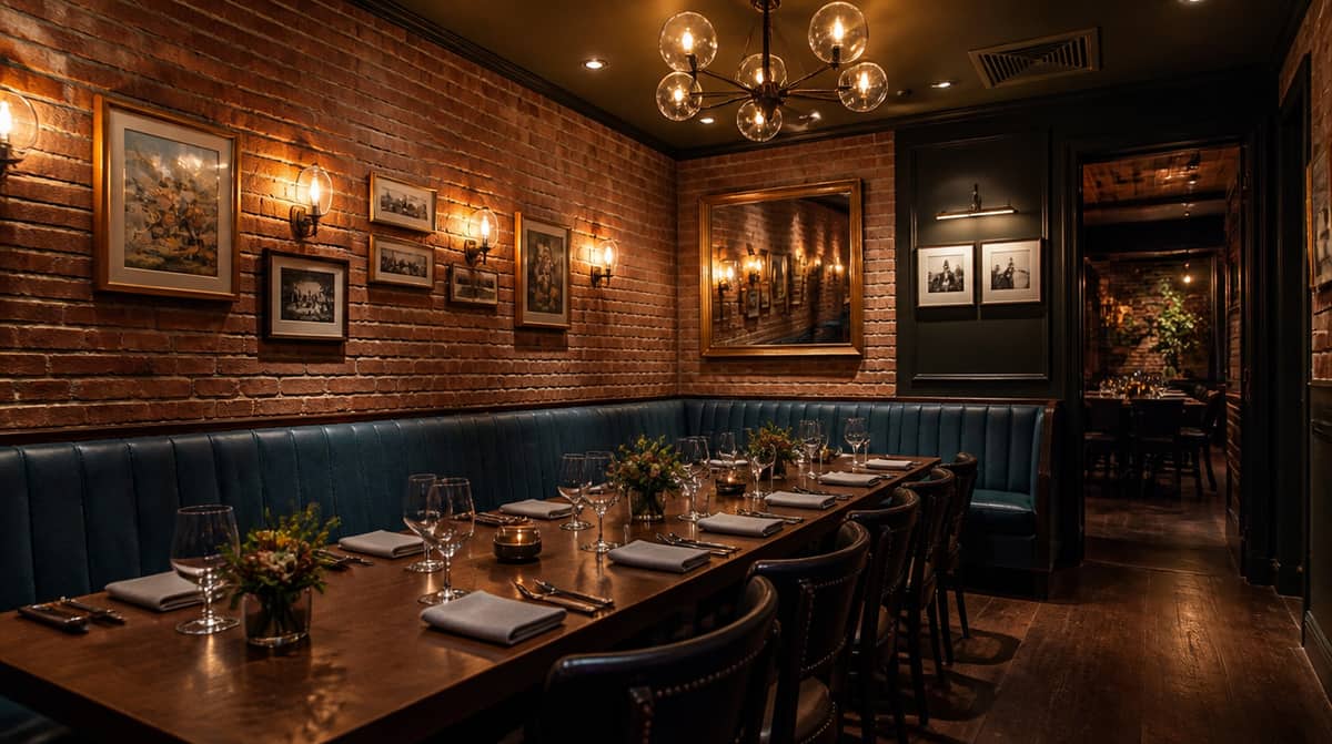 Contract-grade restaurant dining chairs in a Portland, Maine commercial dining room showing reinforced frame construction and durable upholstery