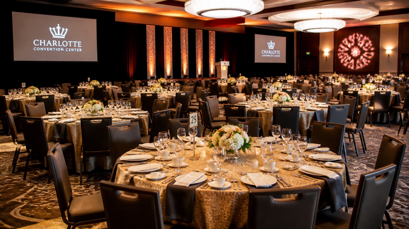 Round banquet tables set for an event, showing 60 inch round spacing