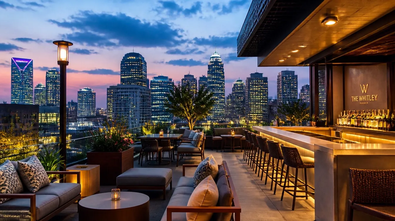 Charlotte Uptown hotel lobby bar with commercial bar stools upholstered swivel stools, brushed brass base, warm walnut bar face, deep navy accent cushions