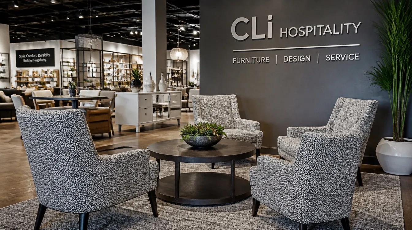 Charlotte commercial furniture application South End mixed-use development lobby with contract lounge seating, warm walnut tables, matte black hardware detail