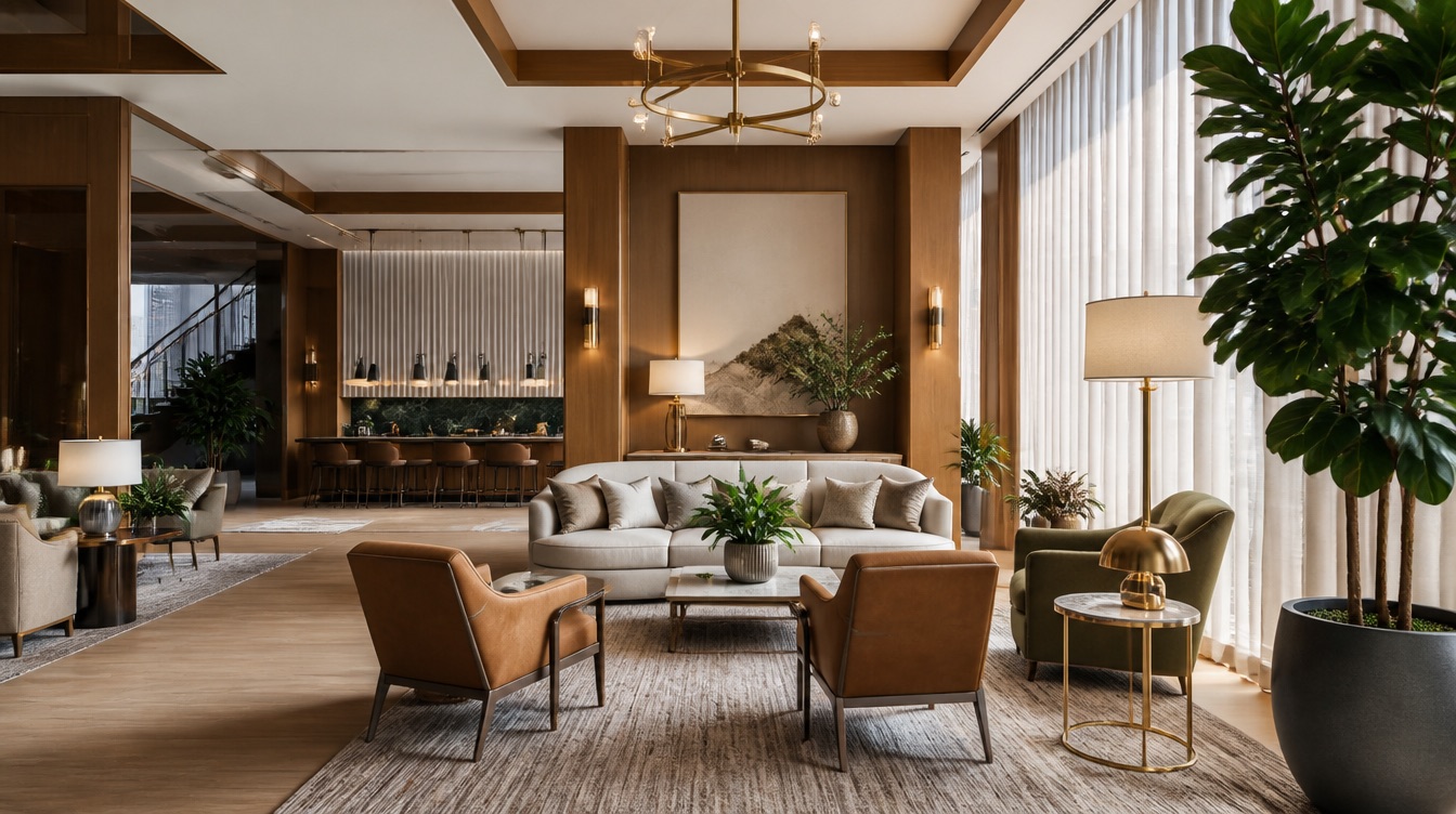 Hotel lobby lounge seating with contract-grade upholstery and reinforced hardwood frame built for high guest turnover in an Albuquerque property