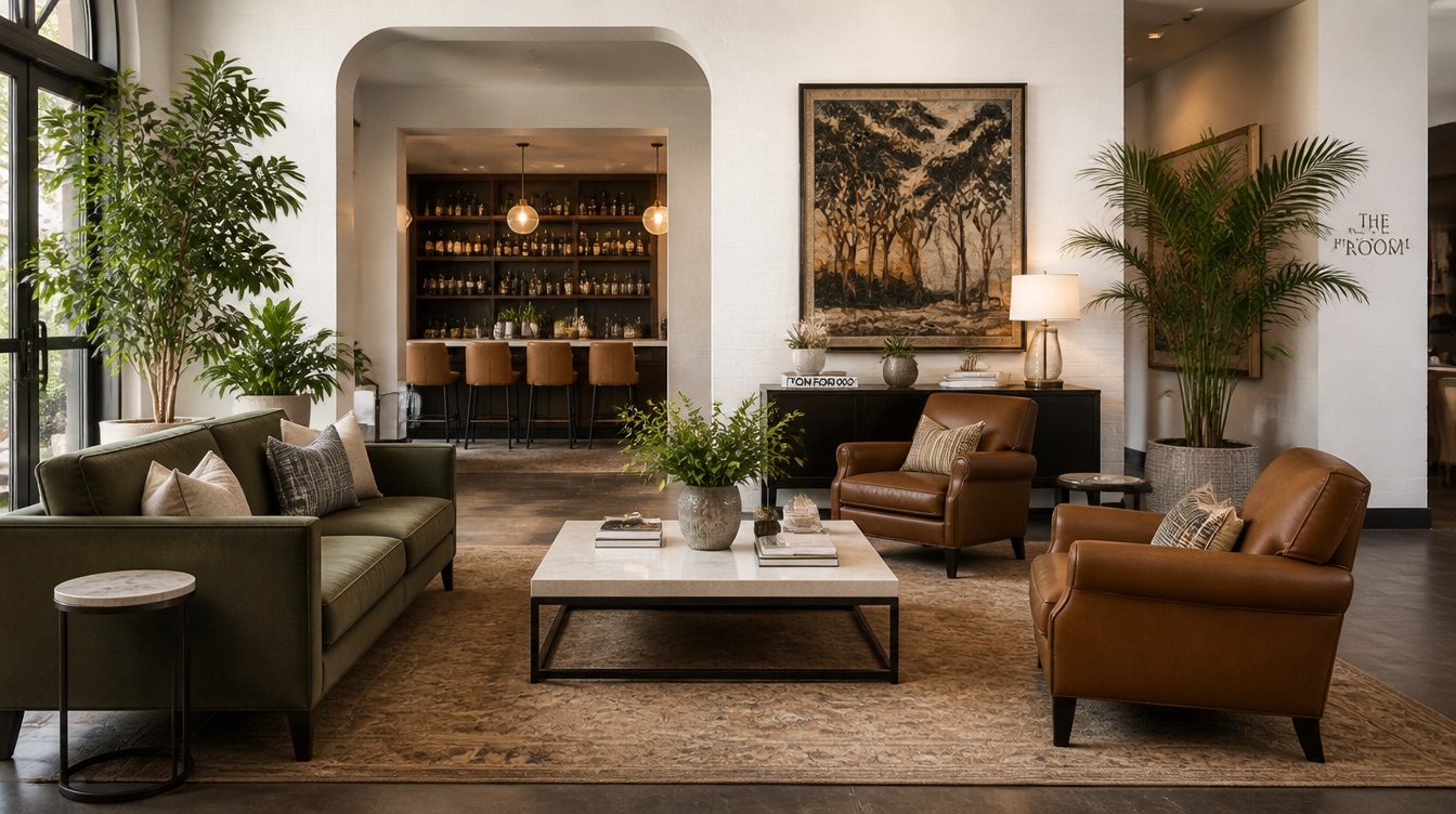 Detail of hotel lobby chair frame and moisture-resistant upholstery designed to withstand dry high desert air and intense UV exposure common in Albuquerque hotels