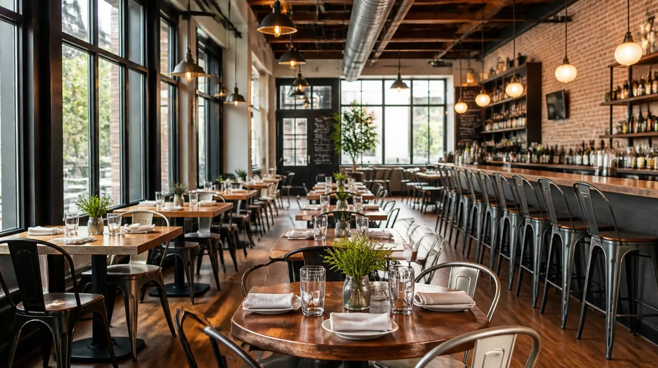 South End Charlotte brewery taproom with industrial-style restaurant furniture steel frame cross-back chairs, communal wood plank table, matte black accents