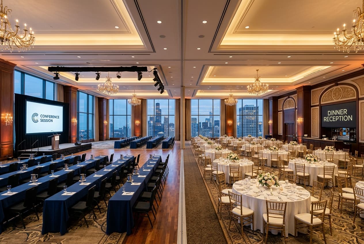 Rows of stackable commercial seating set up for a large gathering hall, similar to church chairs in bulk