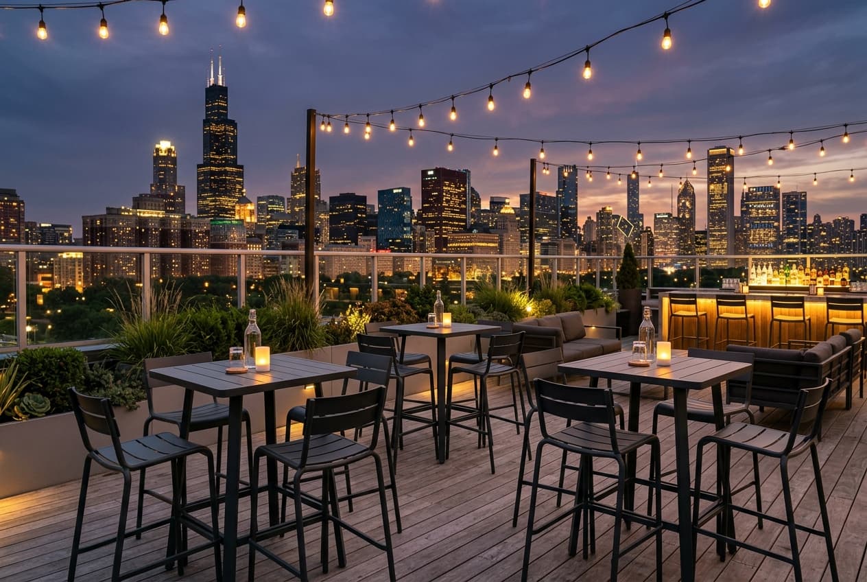 Court Avenue Des Moines bar seating showing heavy-gauge steel barstools with welded joints rated for high-volume convention traffic