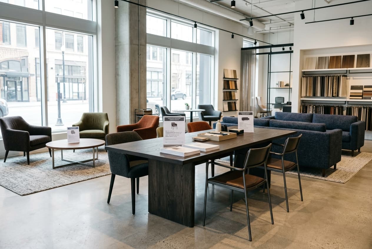 Boutique hotel furniture in a Charleston, WV downtown property showing contract-grade lounge seating with a Capitol district architectural backdrop