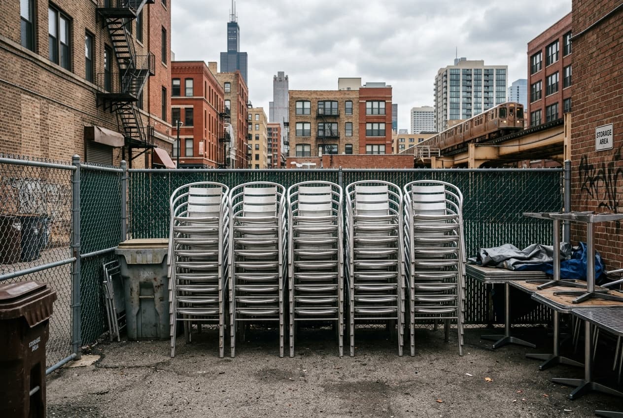Stacked commercial patio furniture wholesale order staged for a restaurant terrace