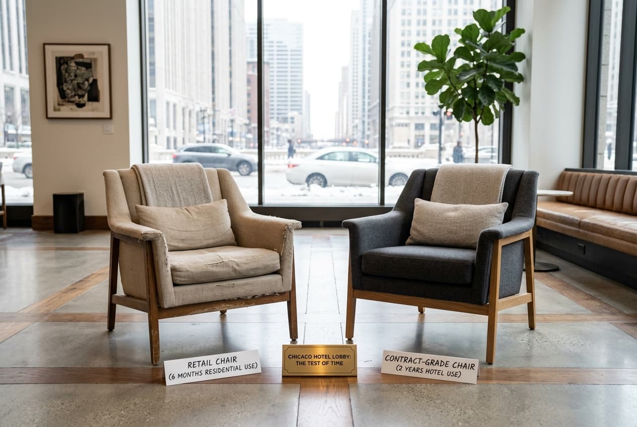 Hotel furniture delivery and installation staged for an occupied Madison property showing white glove logistics coordination