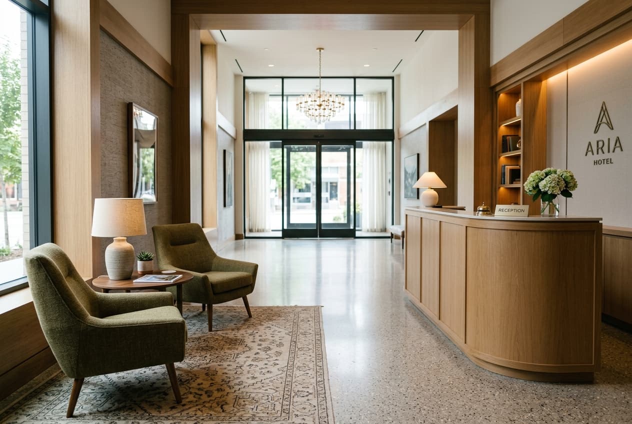 Des Moines hotel lobby chair with moisture-resistant performance upholstery and solid hardwood frame built for winter salt and humidity exposure