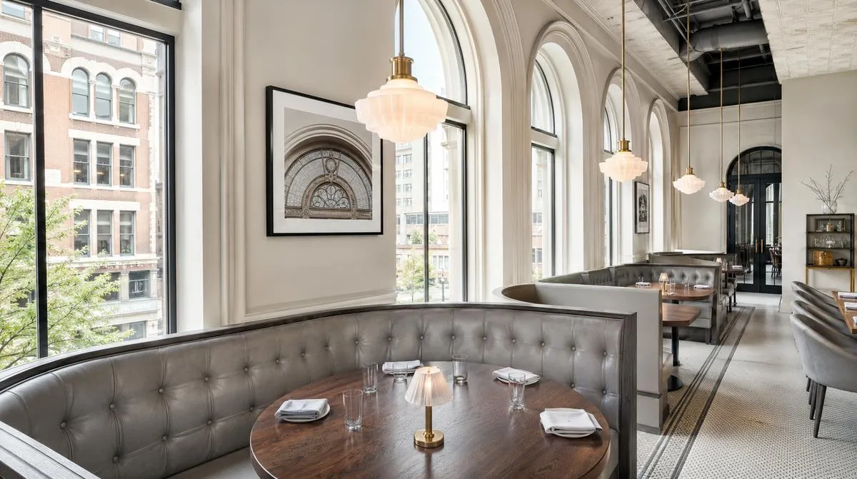 Contract-grade restaurant dining chairs used in a Baton Rouge commercial dining room, showing reinforced frame construction and durable upholstery