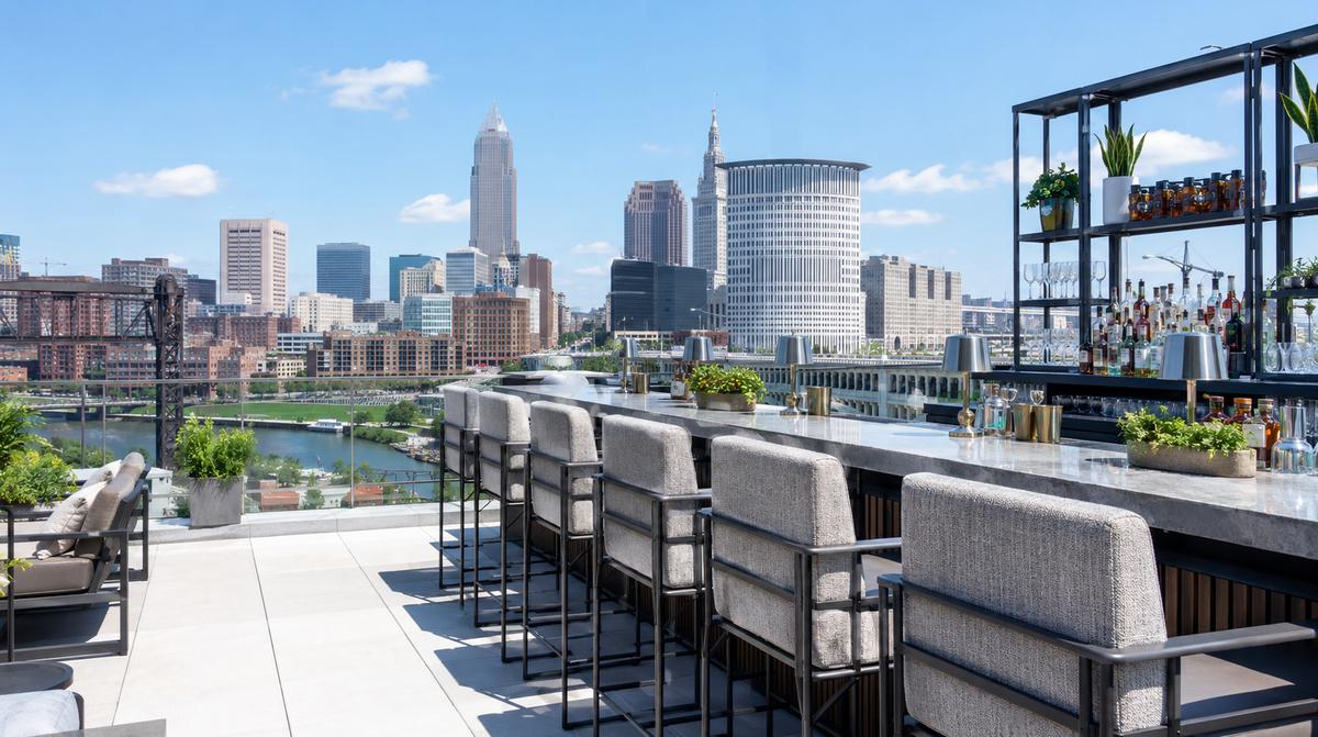 Old Town Wichita rooftop bar seating with powder-coated aluminum barstools and solution-dyed acrylic upholstery arranged for patio use