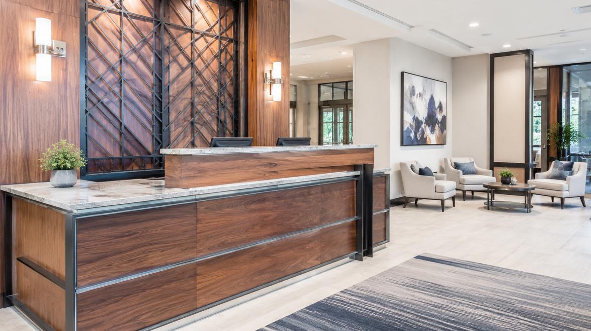 Hotel lobby lounge seating with contract-grade upholstery and hardwood frame construction suited to high-traffic common areas near downtown Wichita