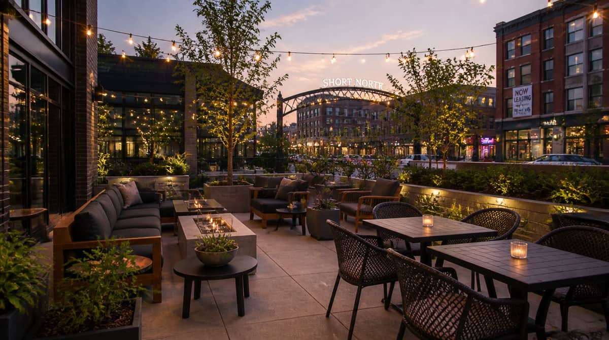 Little Rock commercial patio furniture showing powder-coated aluminum dining chairs with a UV-stabilized finish built for Arkansas summer heat and humidity