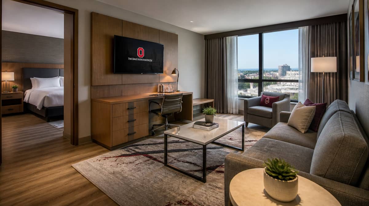 Hotel guestroom furniture with contract-grade casegoods and upholstered seating in a downtown Wichita convention corridor property