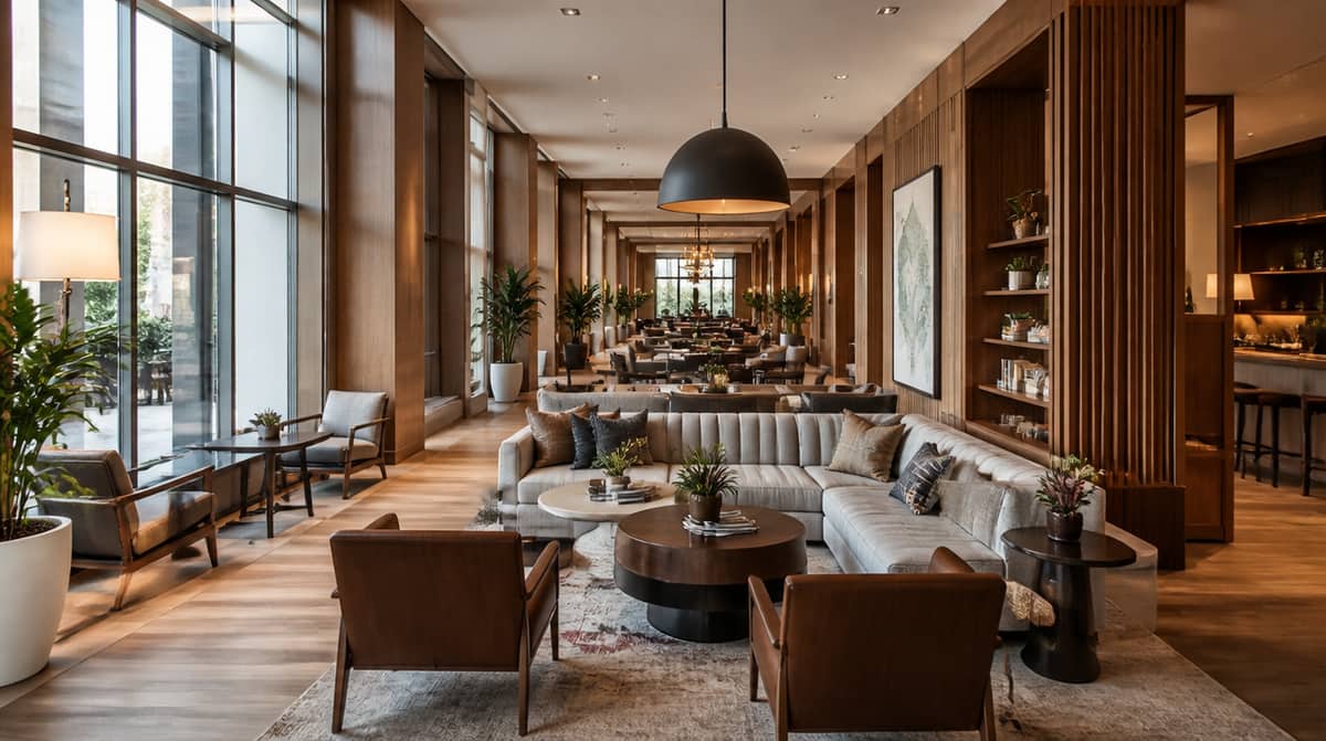 Hotel common area furniture with performance fabric and coordinated side tables demonstrating durable design suited to a growing boutique hotel segment in Wichita