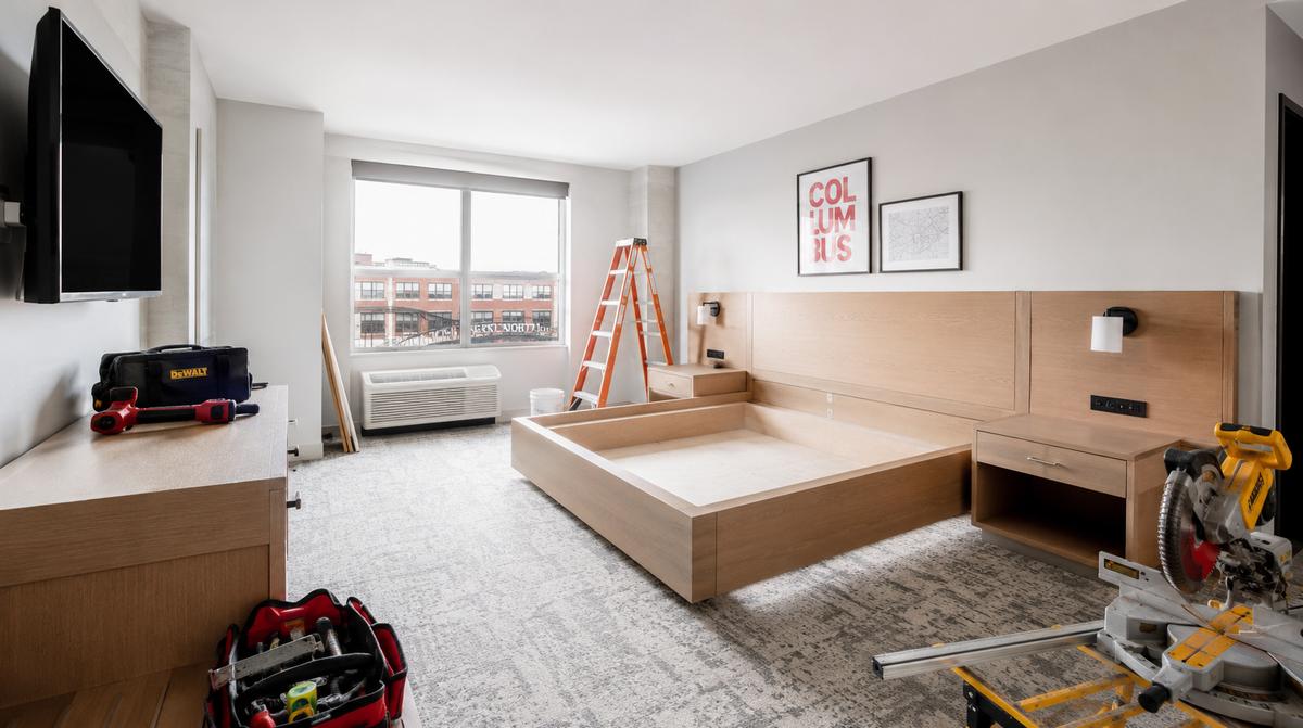 Hotel renovation furniture staged by floor in an occupied Wichita property showing phased FF&E delivery coordination