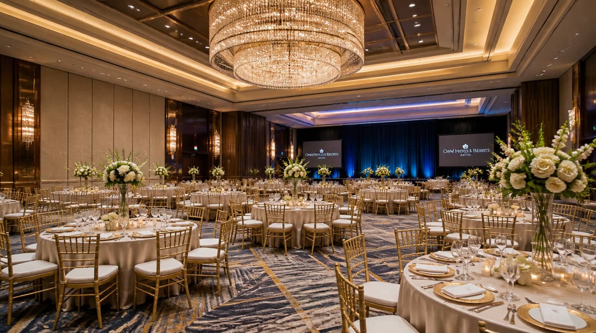 Wedding reception seating with stacked banquet chairs ready for a venue in bulk order