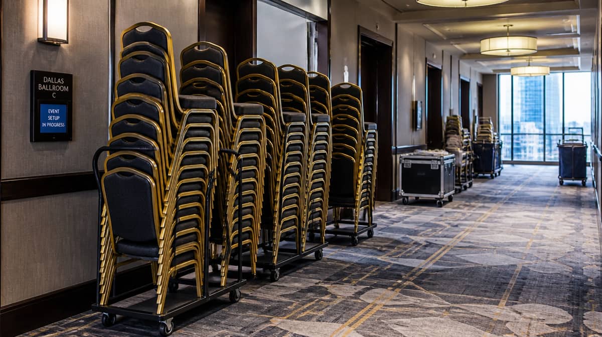 Banquet chair specification comparison for Wichita event venue showing Chiavari chair for wedding market and padded steel stacker for convention hall corridor