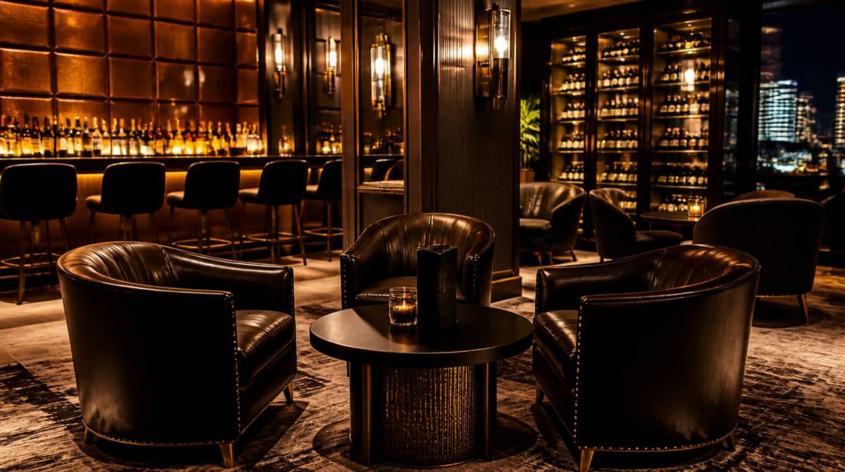 Downtown Omaha convention corridor bar seating showing heavy-gauge steel barstools built for high-volume hotel and event-week traffic
