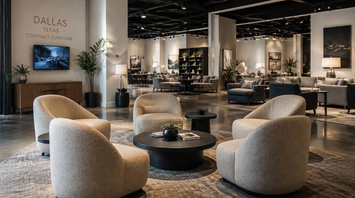 Upholstered lounge seating arranged in a hotel lobby setting typical of downtown Omaha properties