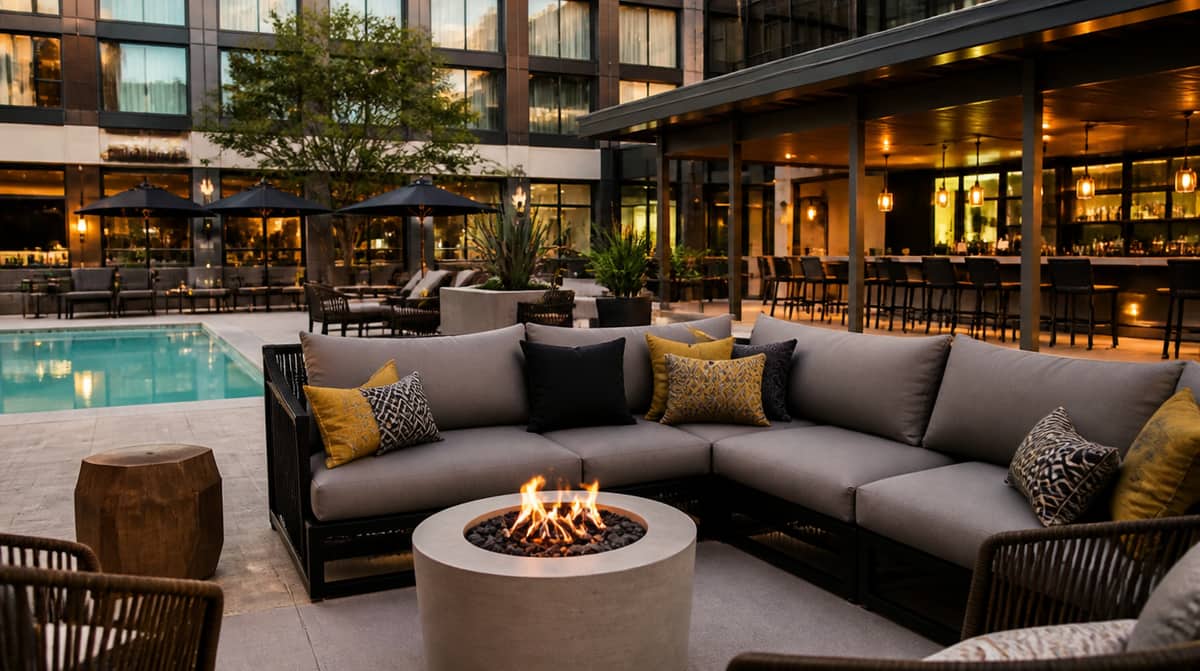 Wichita Old Town patio dining furniture showing matte bronze powder-coat aluminum chairs suited to the historic warehouse district's brick and timber storefronts