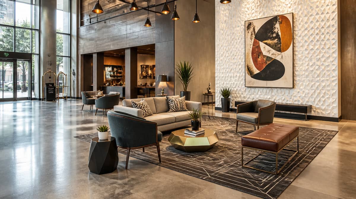 Furniture delivery and installation at an occupied Omaha hotel showing coordinated white-glove logistics