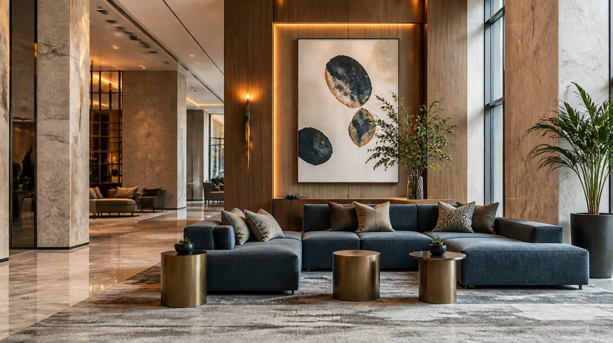 Waiting room chairs arranged in a hotel lobby seating area