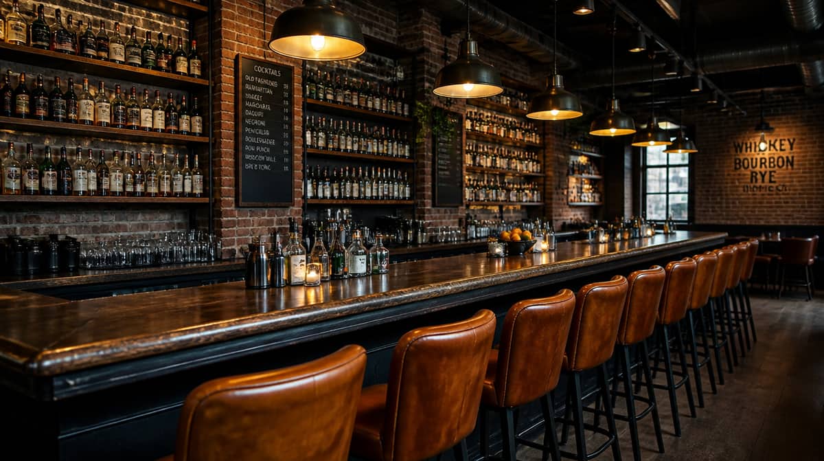 Fondren district bar seating in Jackson showing powder-coated metal barstools with commercial-grade upholstery built for nightly live-music crowds