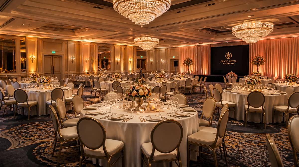 Banquet event furniture set up for a large venue in Houston, illustrating bulk banquet chairs for sale in a real commercial setting