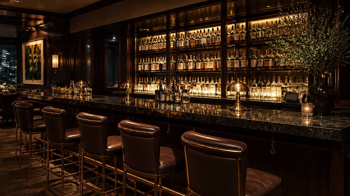 Bar and lounge seating arranged along a commercial bar top
