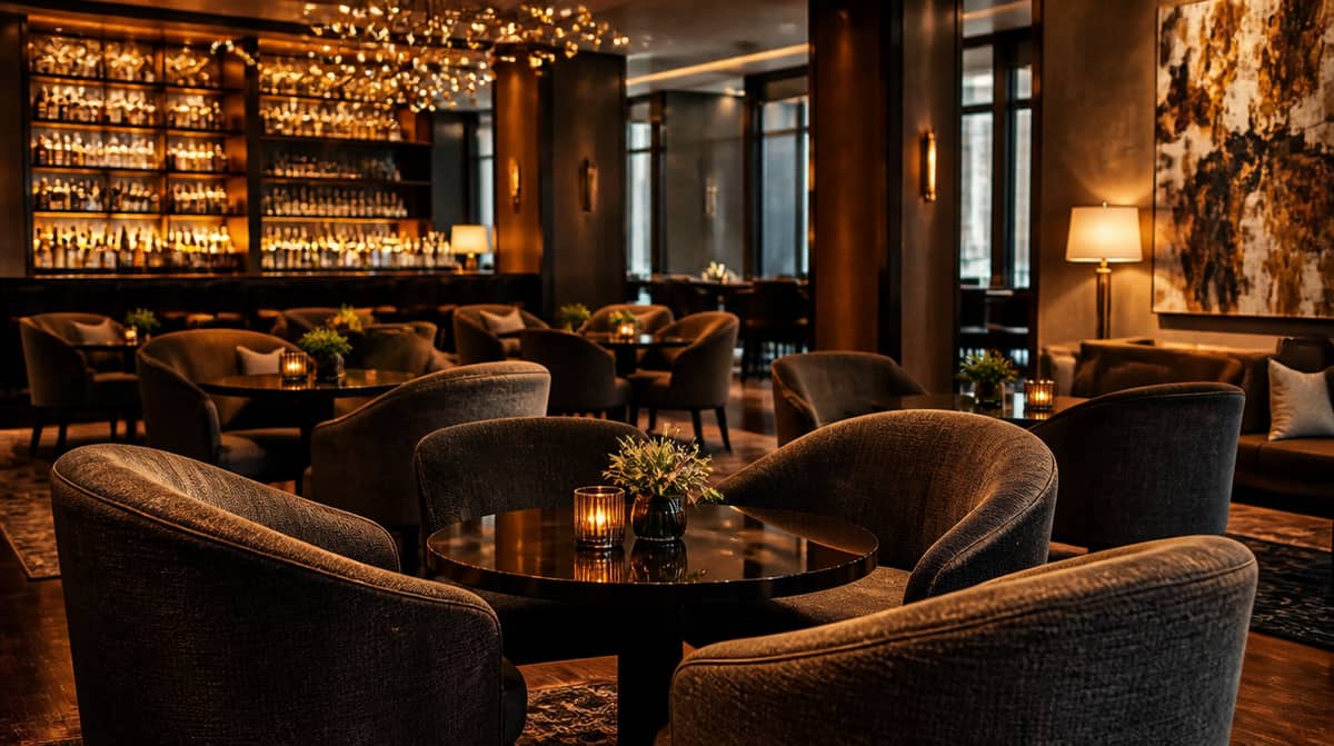 Millyard district lounge seating in Manchester showing heavy-gauge steel barstools with reclaimed-look wood seats and solid welded footrests