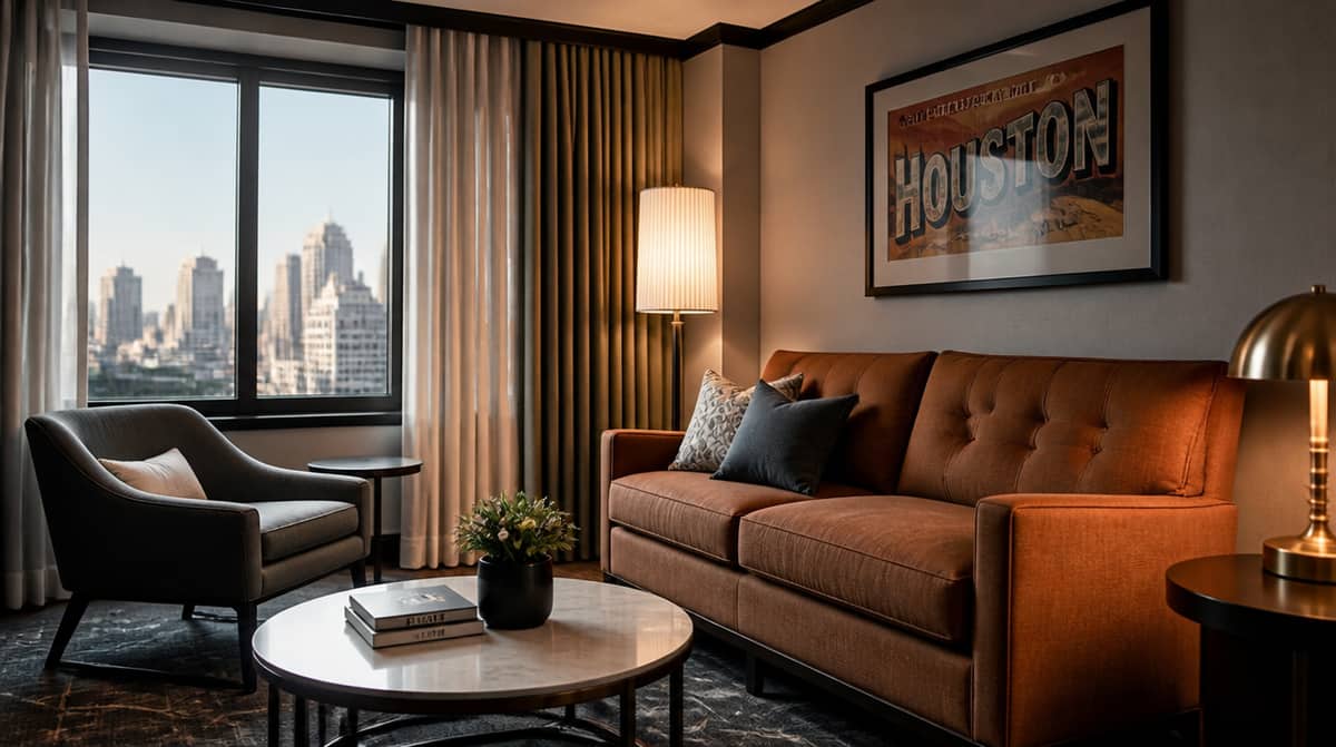 Boutique hotel furniture in Providence Downcity property showing contract-grade lounge seating in a converted mill-building lobby