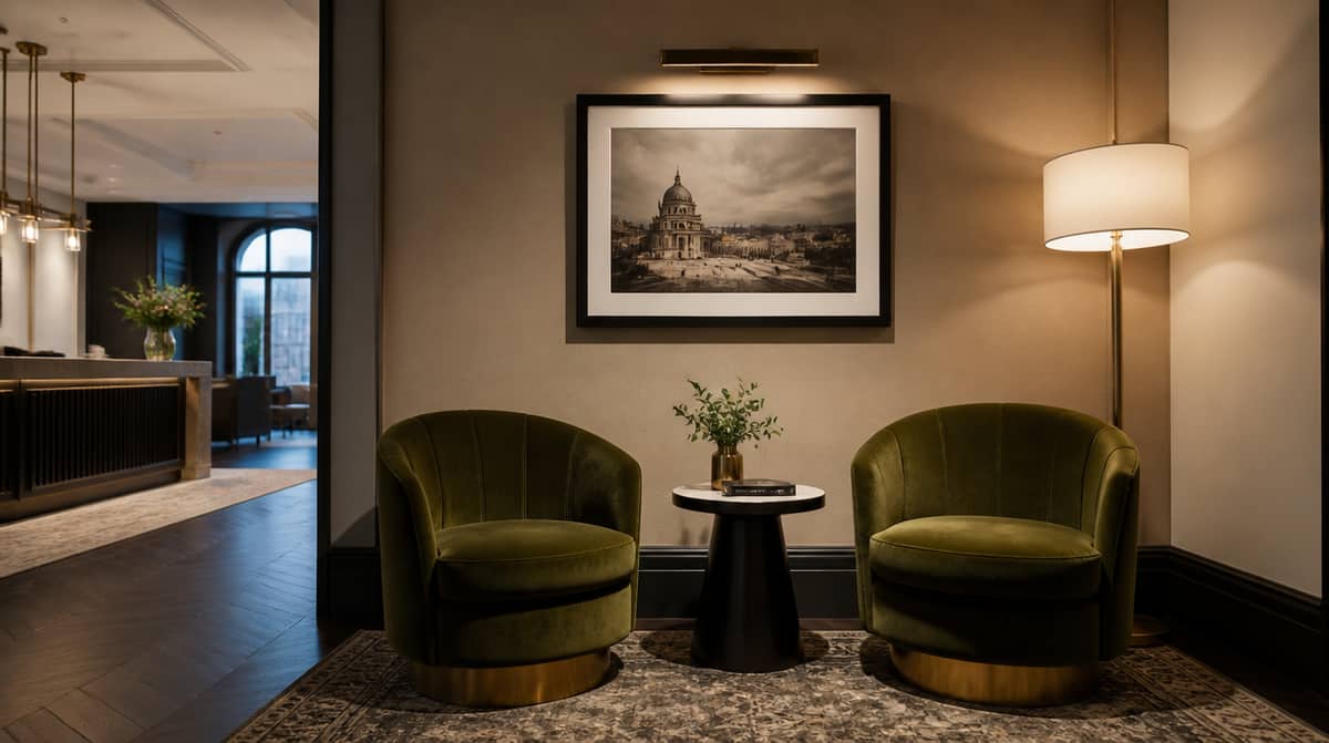 Providence boutique hotel guestroom showing a cohesive design palette with matching frame finishes and a tonal upholstery program