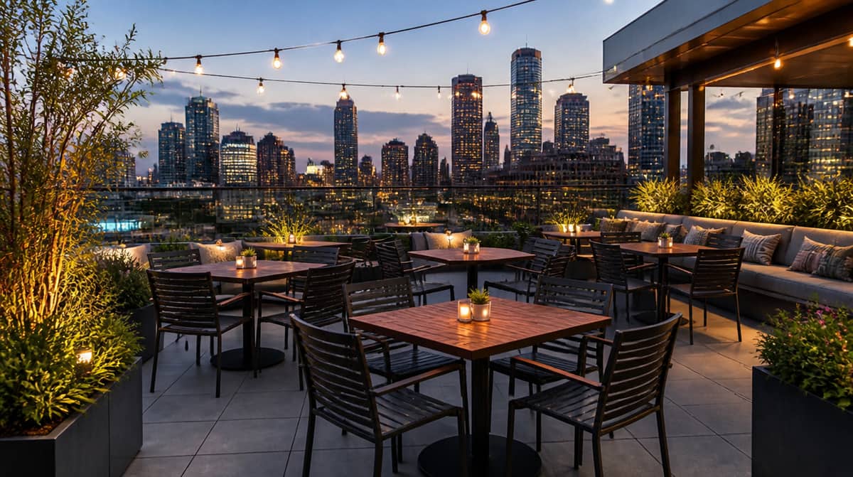 Commercial patio furniture wholesale seating and tables set up for a hotel outdoor dining area