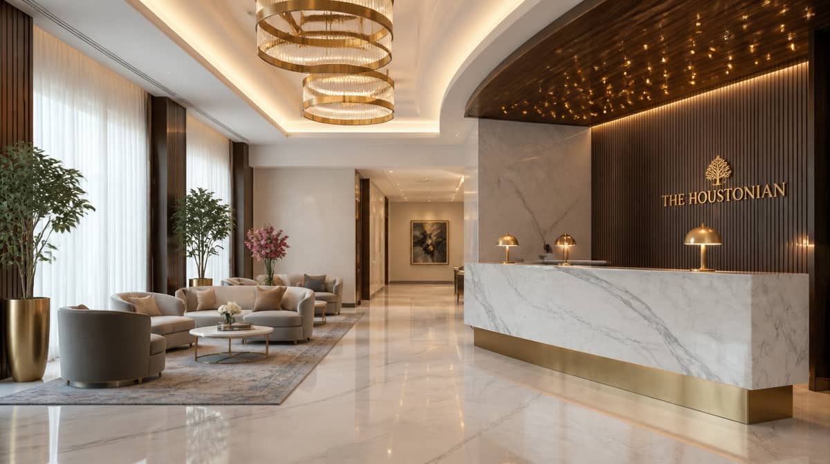 Hotel lobby furniture with contract-grade casegoods and upholstered seating suited to a Manchester downtown property